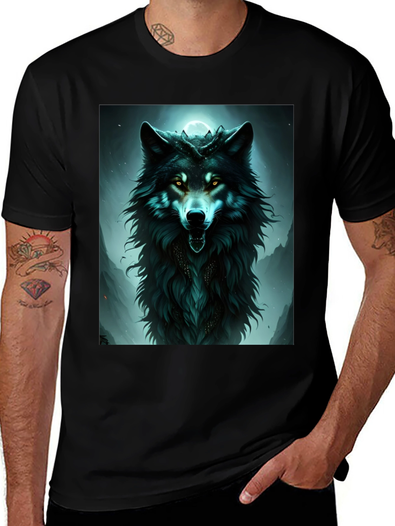 Mystic Wolf Graphic Tee - Black Cotton Comfort