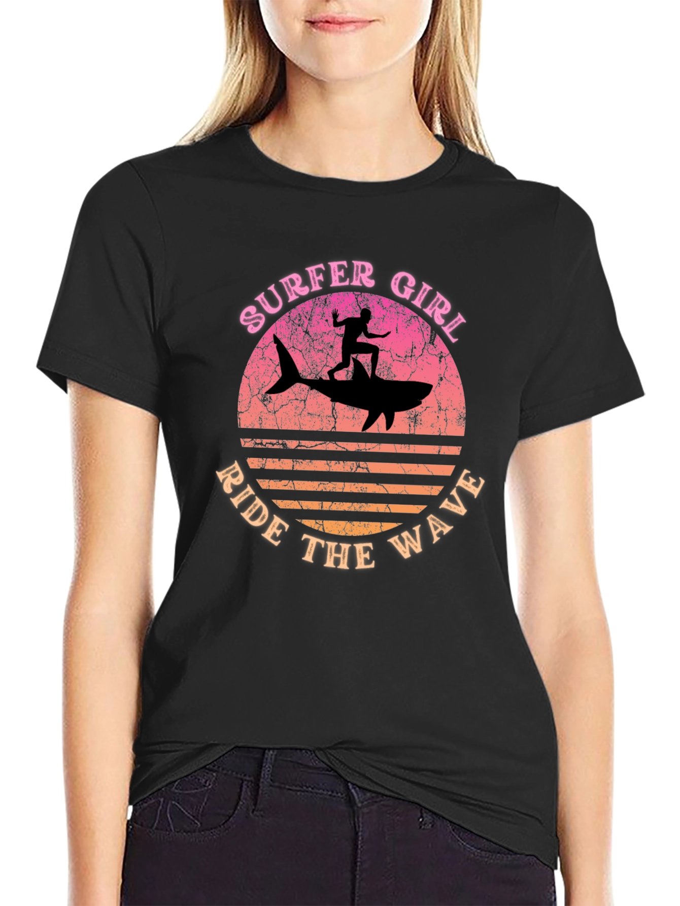 Surfer Girl Shark Ride T-Shirt - Ride the Wave