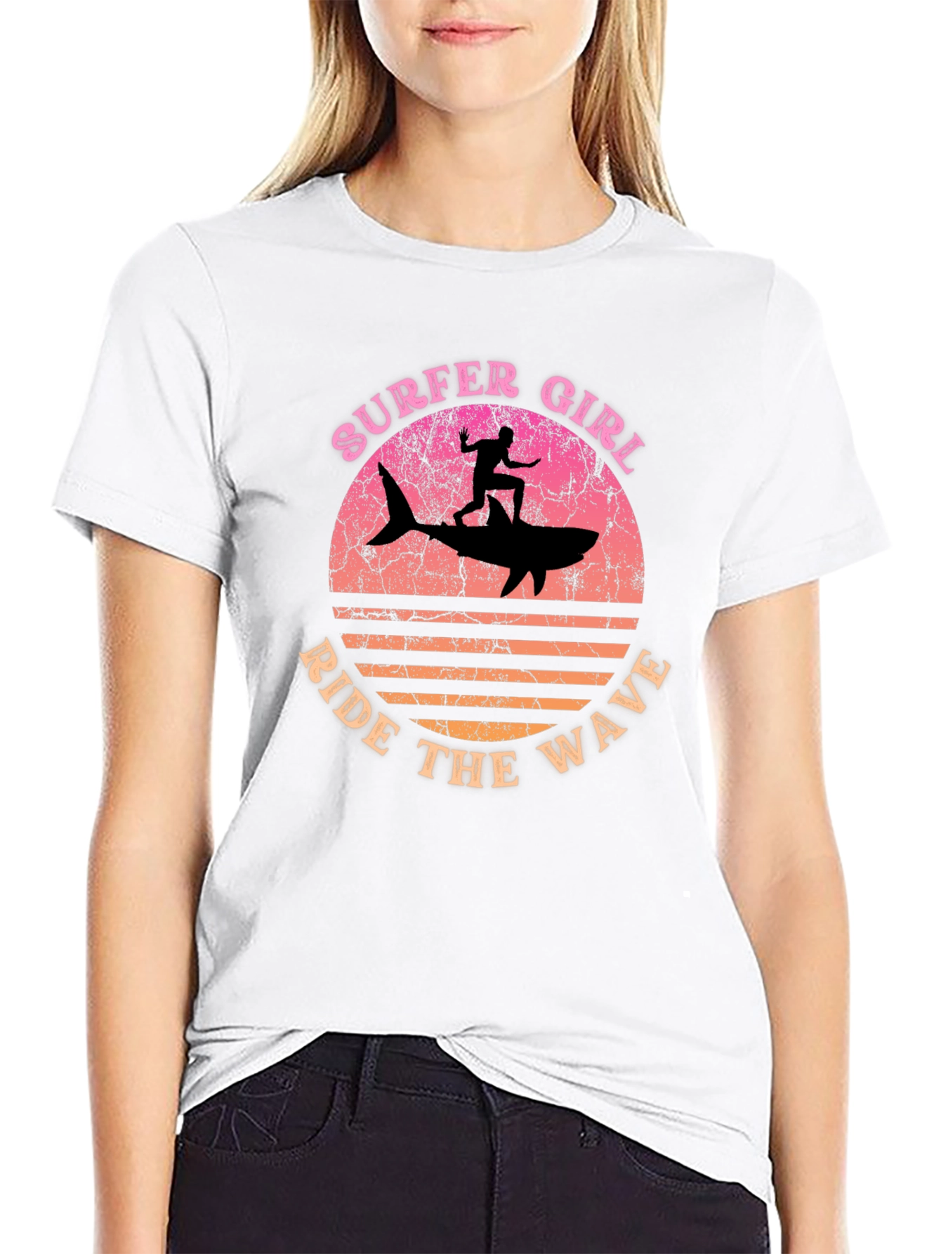 Surfer Girl Shark Ride T-Shirt - Ride the Wave