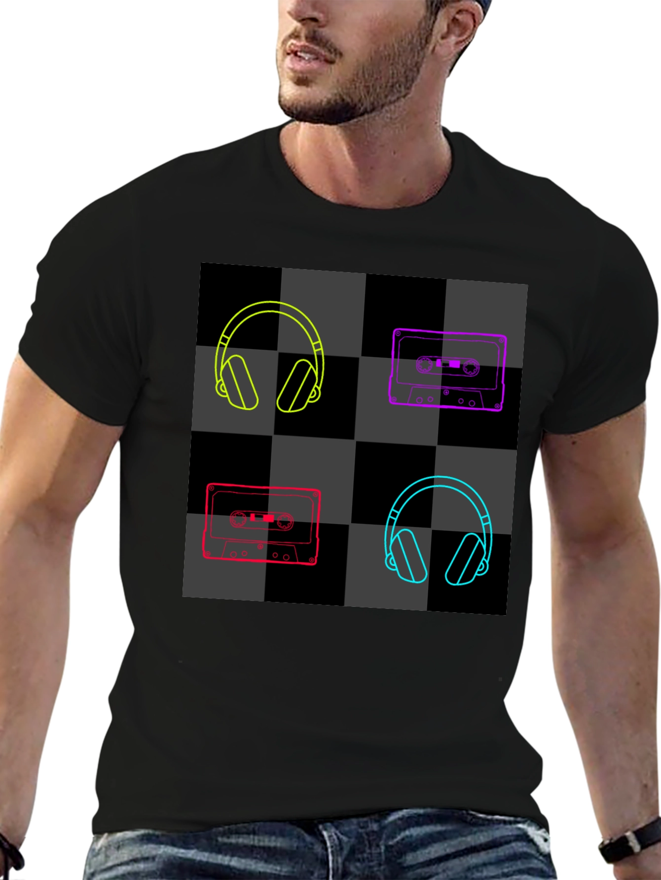 Retro Music Black T-Shirt: Headphones & Cassettes