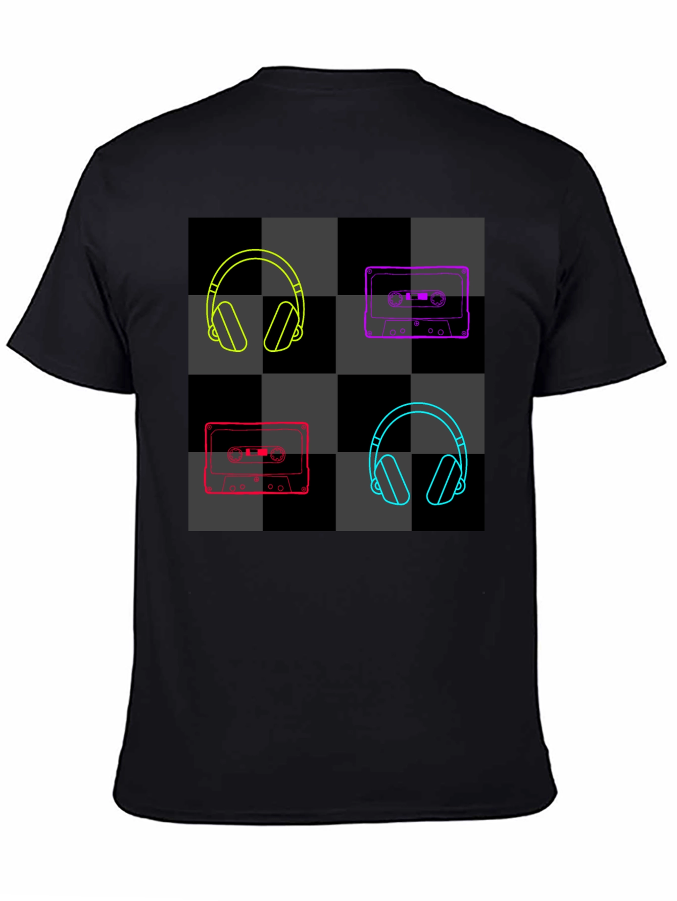 Retro Music Black T-Shirt: Headphones & Cassettes
