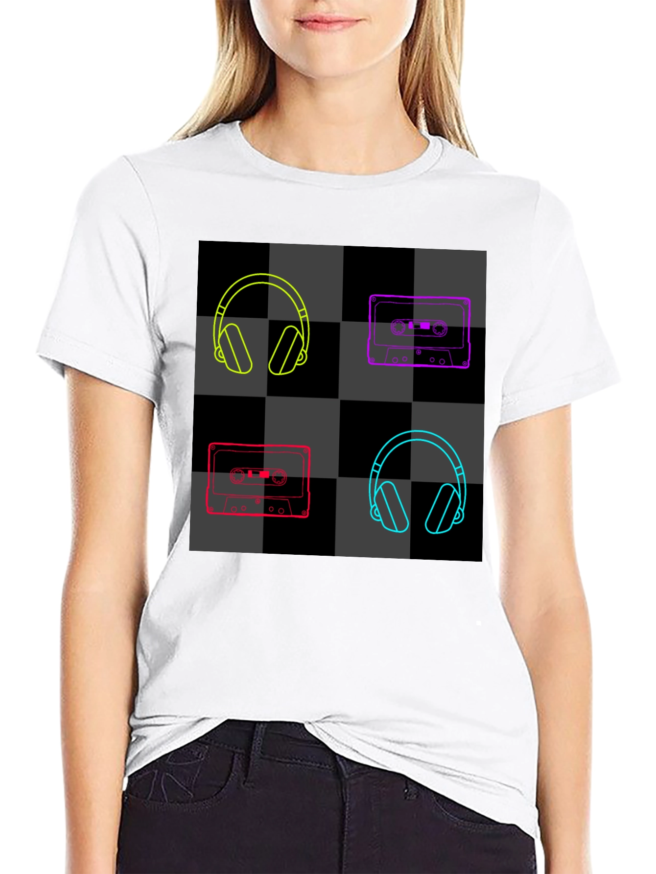 Retro Music Black T-Shirt: Headphones & Cassettes