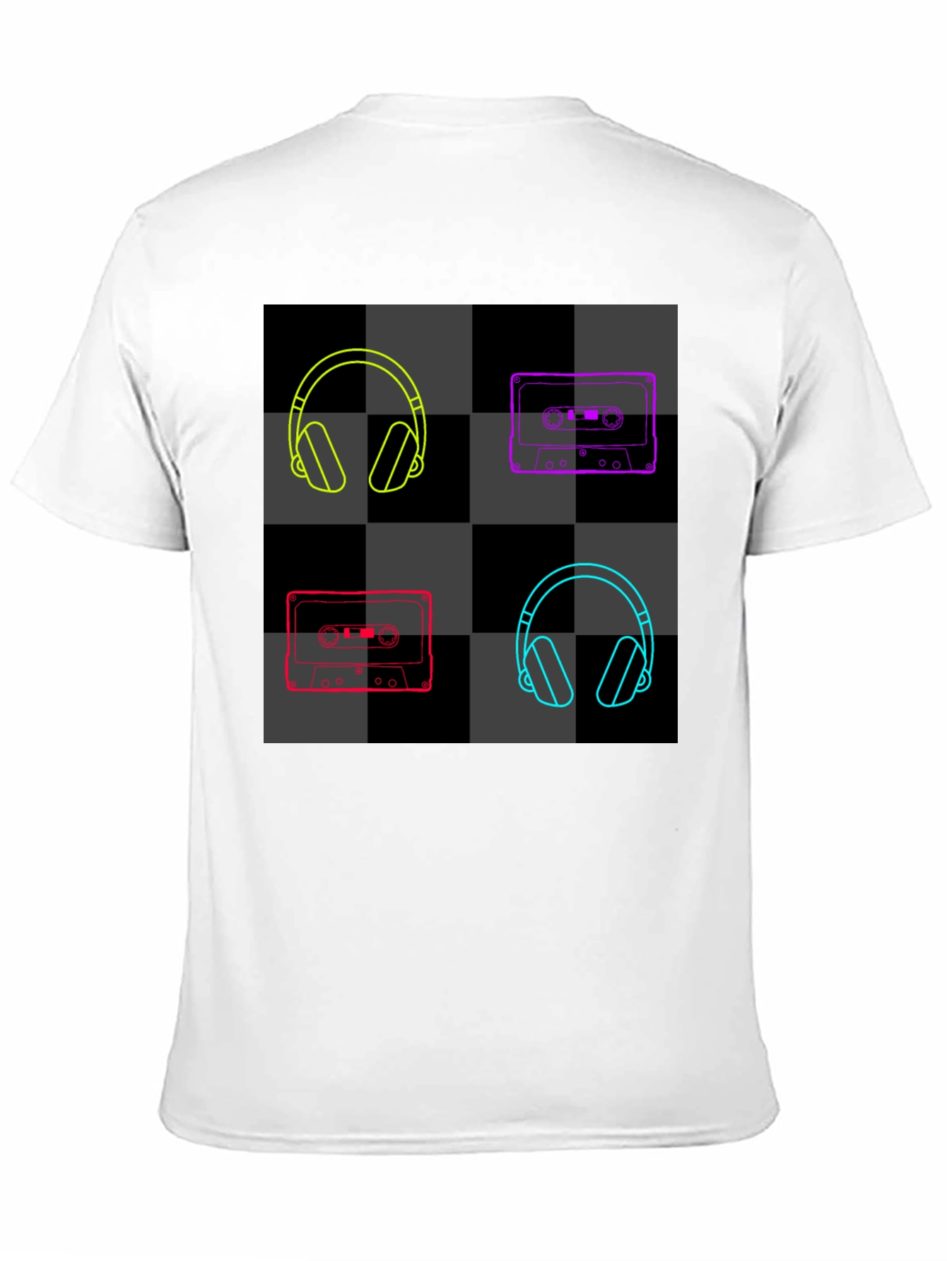 Retro Music Black T-Shirt: Headphones & Cassettes