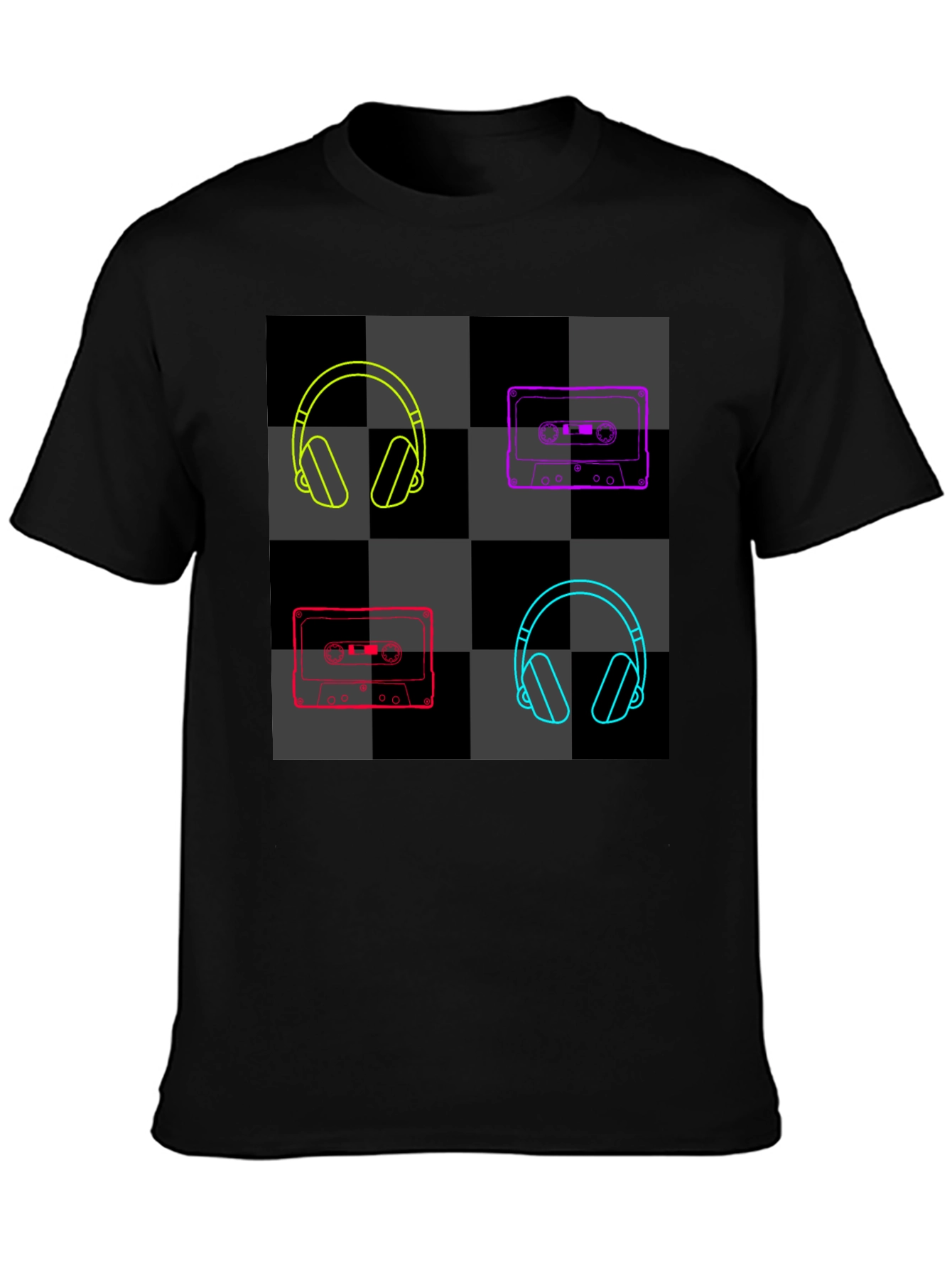 Retro Music Black T-Shirt: Headphones & Cassettes