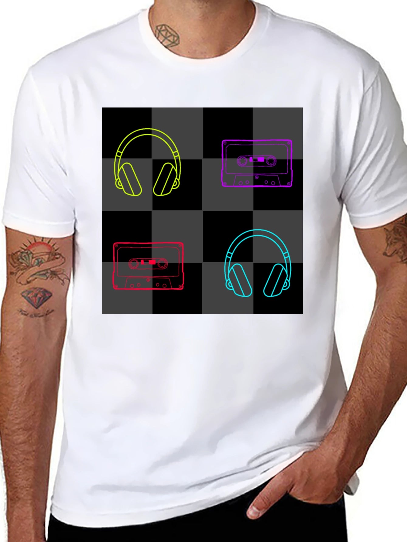Retro Music Black T-Shirt: Headphones & Cassettes