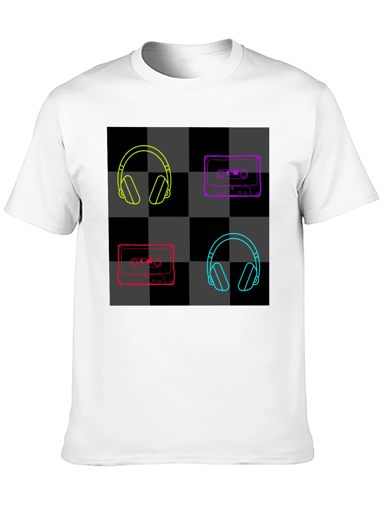 Retro Music Black T-Shirt: Headphones & Cassettes