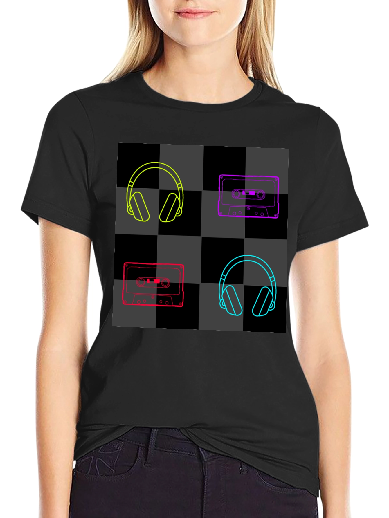 Retro Music Black T-Shirt: Headphones & Cassettes