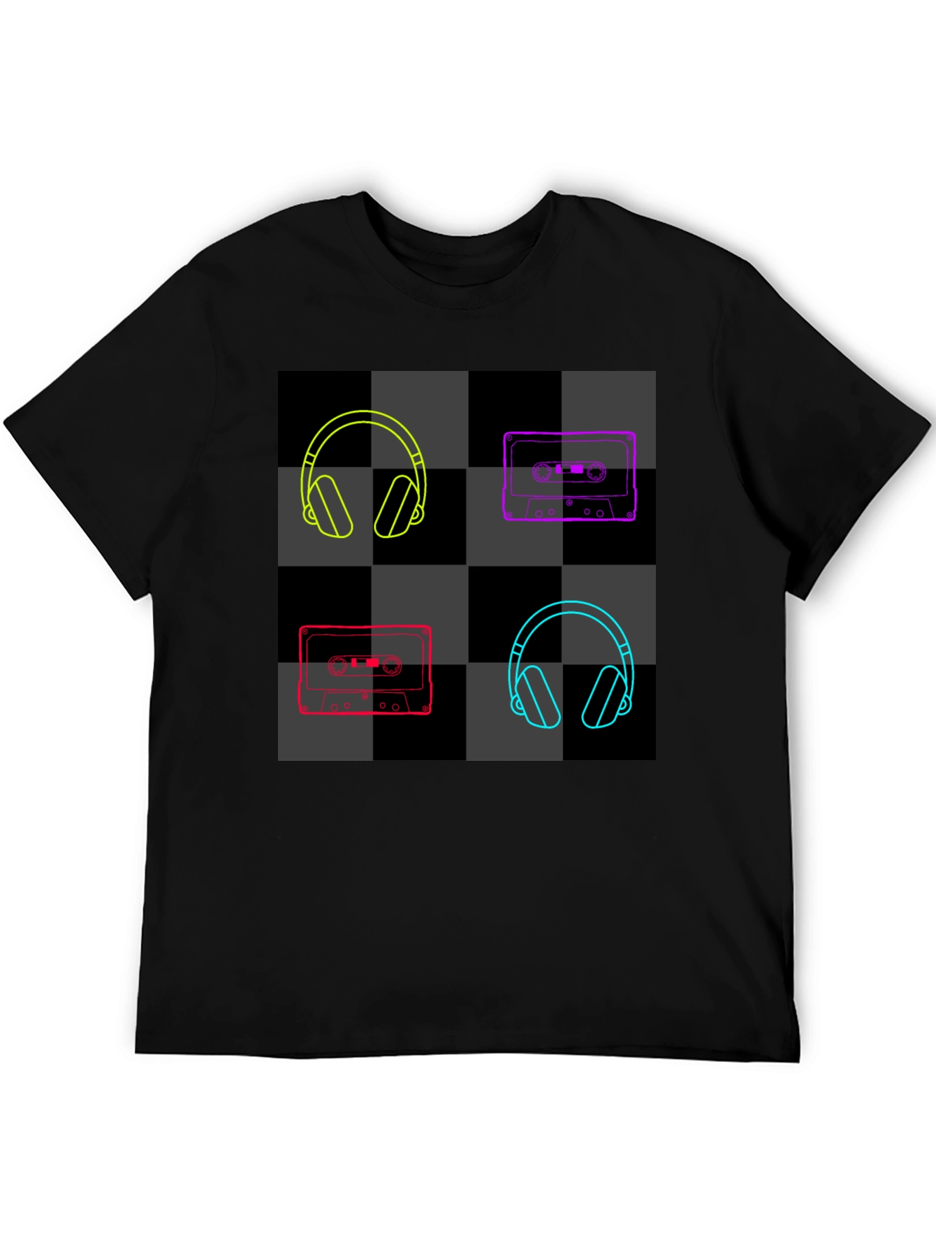 Retro Music Black T-Shirt: Headphones & Cassettes