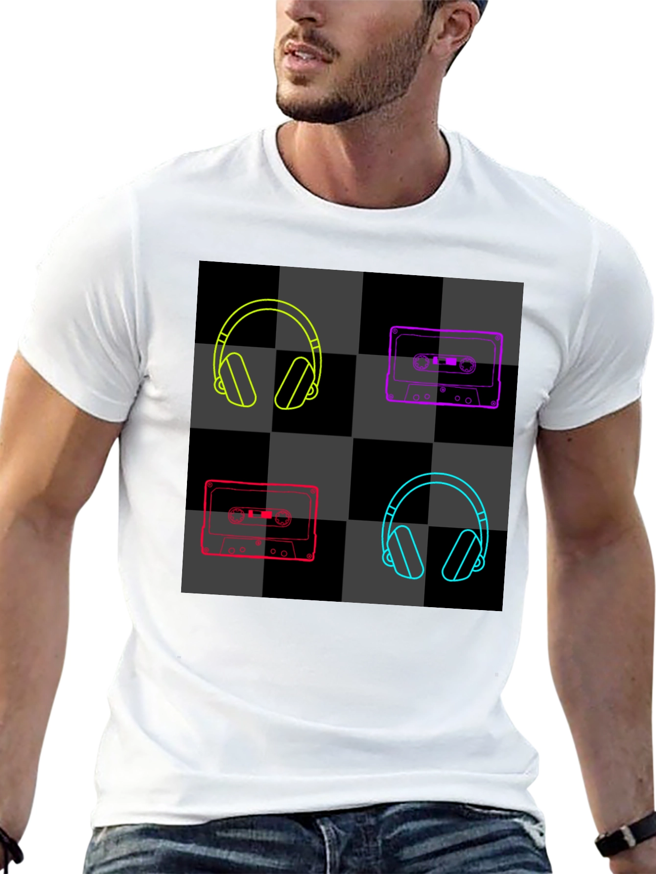 Retro Music Black T-Shirt: Headphones & Cassettes