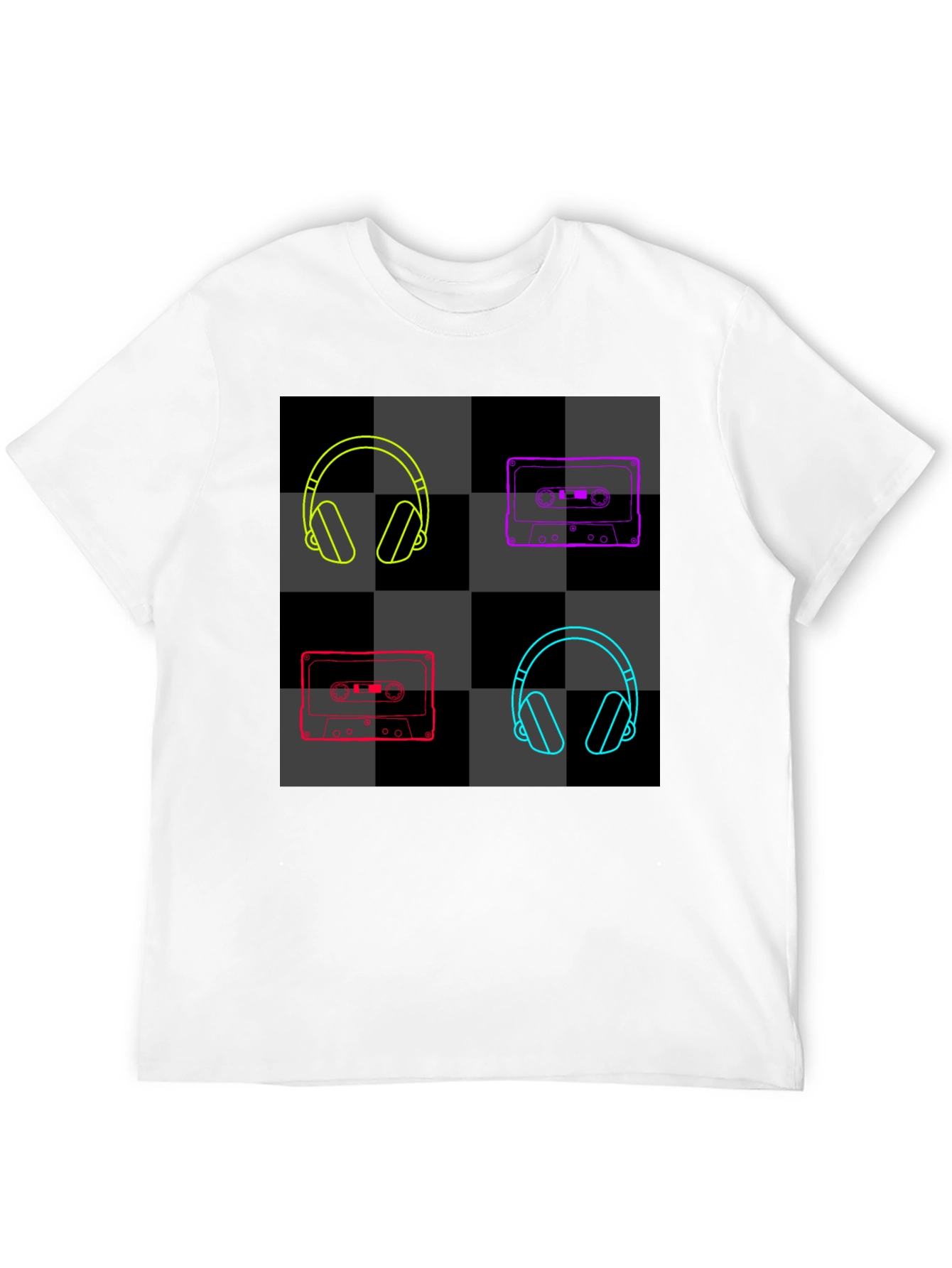 Retro Music Black T-Shirt: Headphones & Cassettes