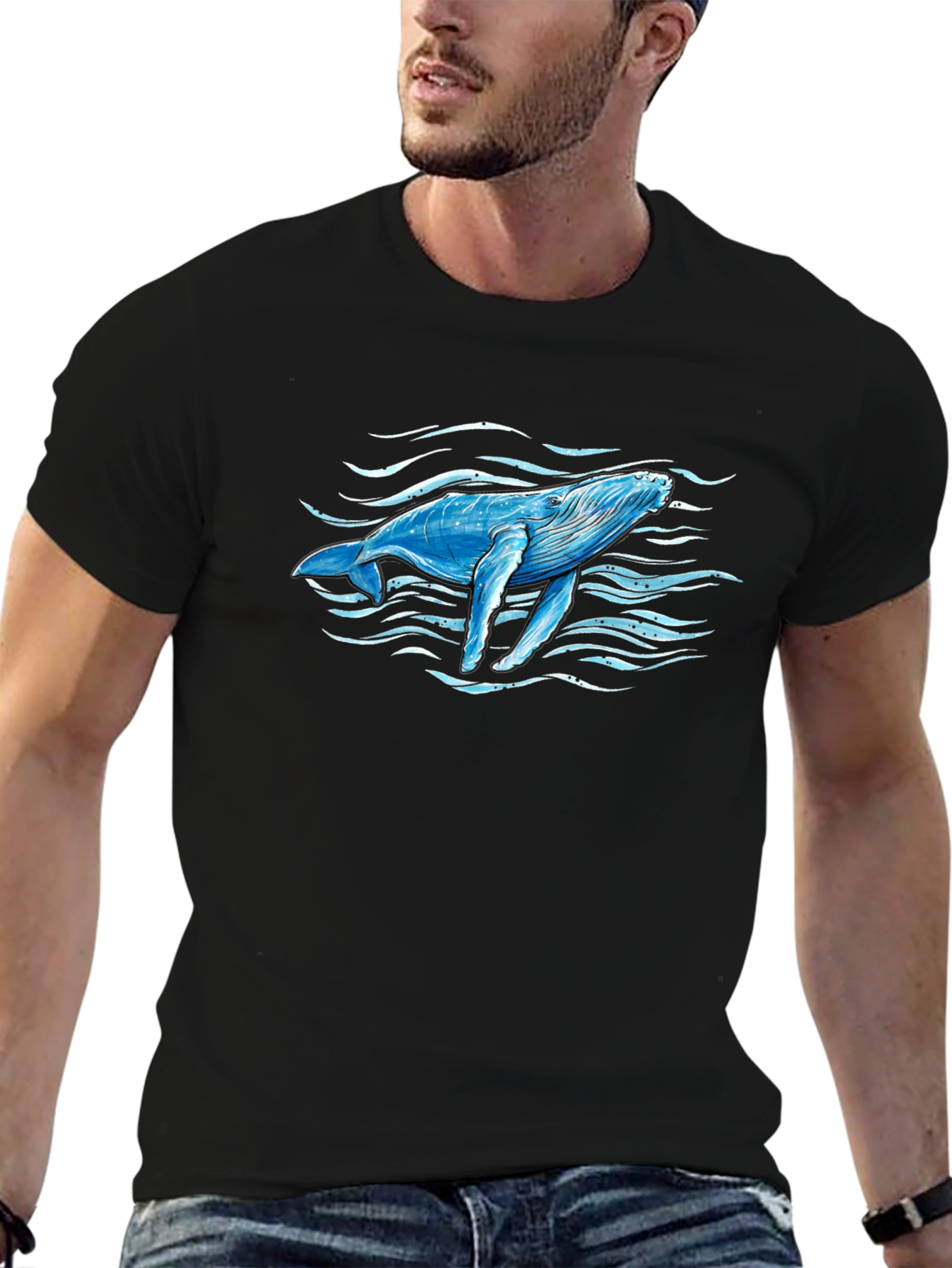 Whale Graphic Print Black T-Shirt