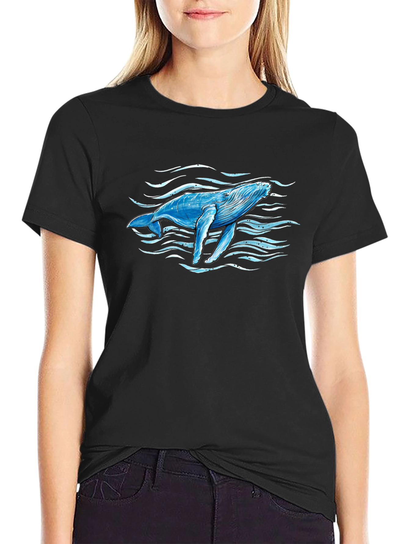 Whale Graphic Print Black T-Shirt