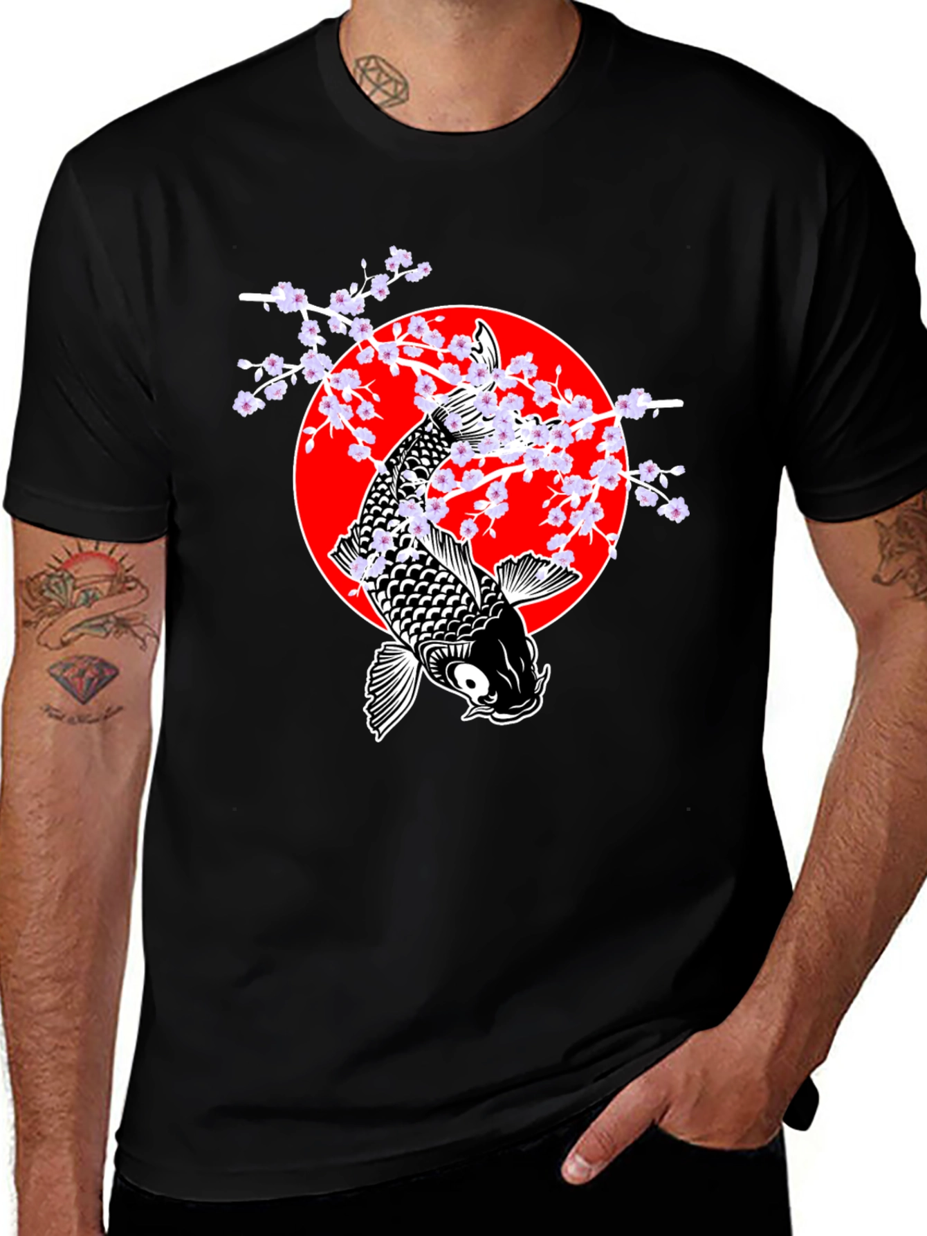 Koi Fish Cherry Blossom Graphic Tee - Black
