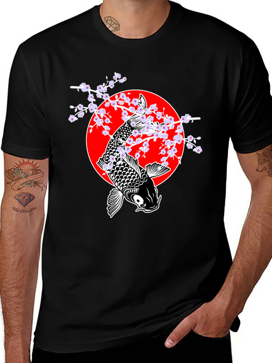 Koi Fish Cherry Blossom Graphic Tee - Black