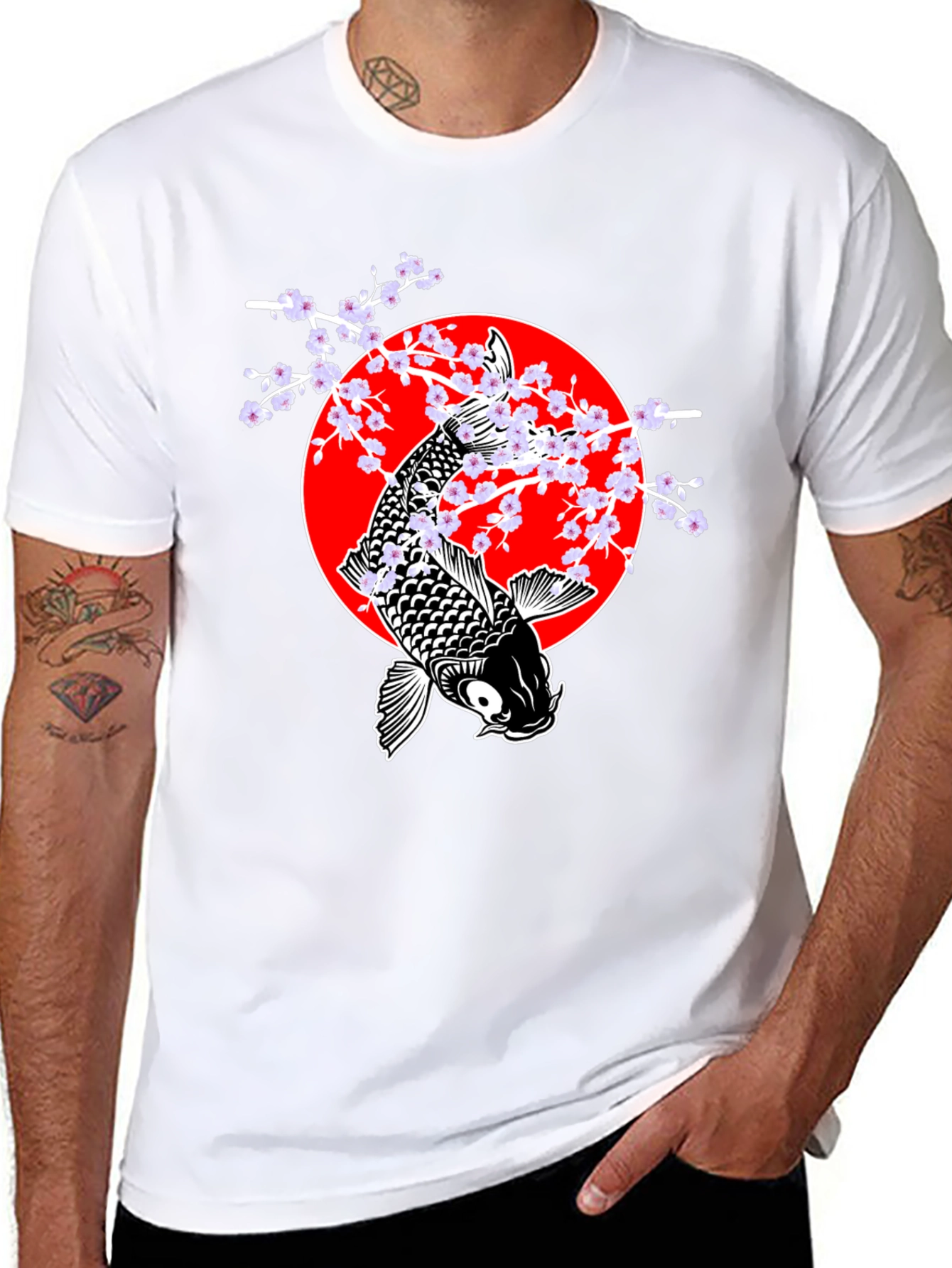 Koi Fish Cherry Blossom Graphic Tee - Black