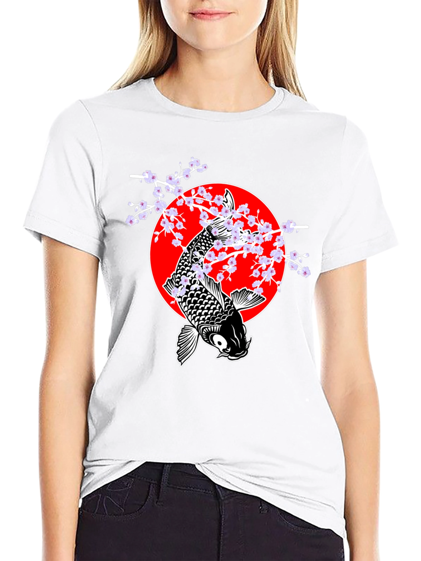 Koi Fish Cherry Blossom Graphic Tee - Black