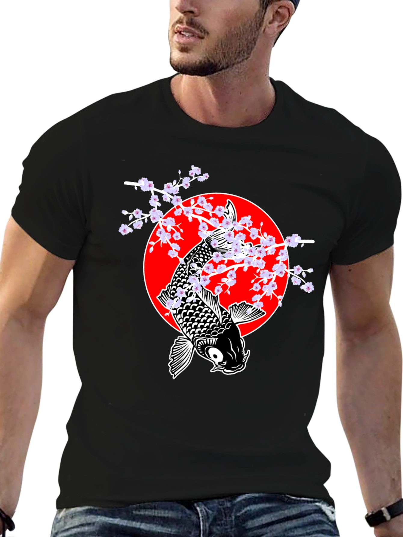 Koi Fish Cherry Blossom Graphic Tee - Black