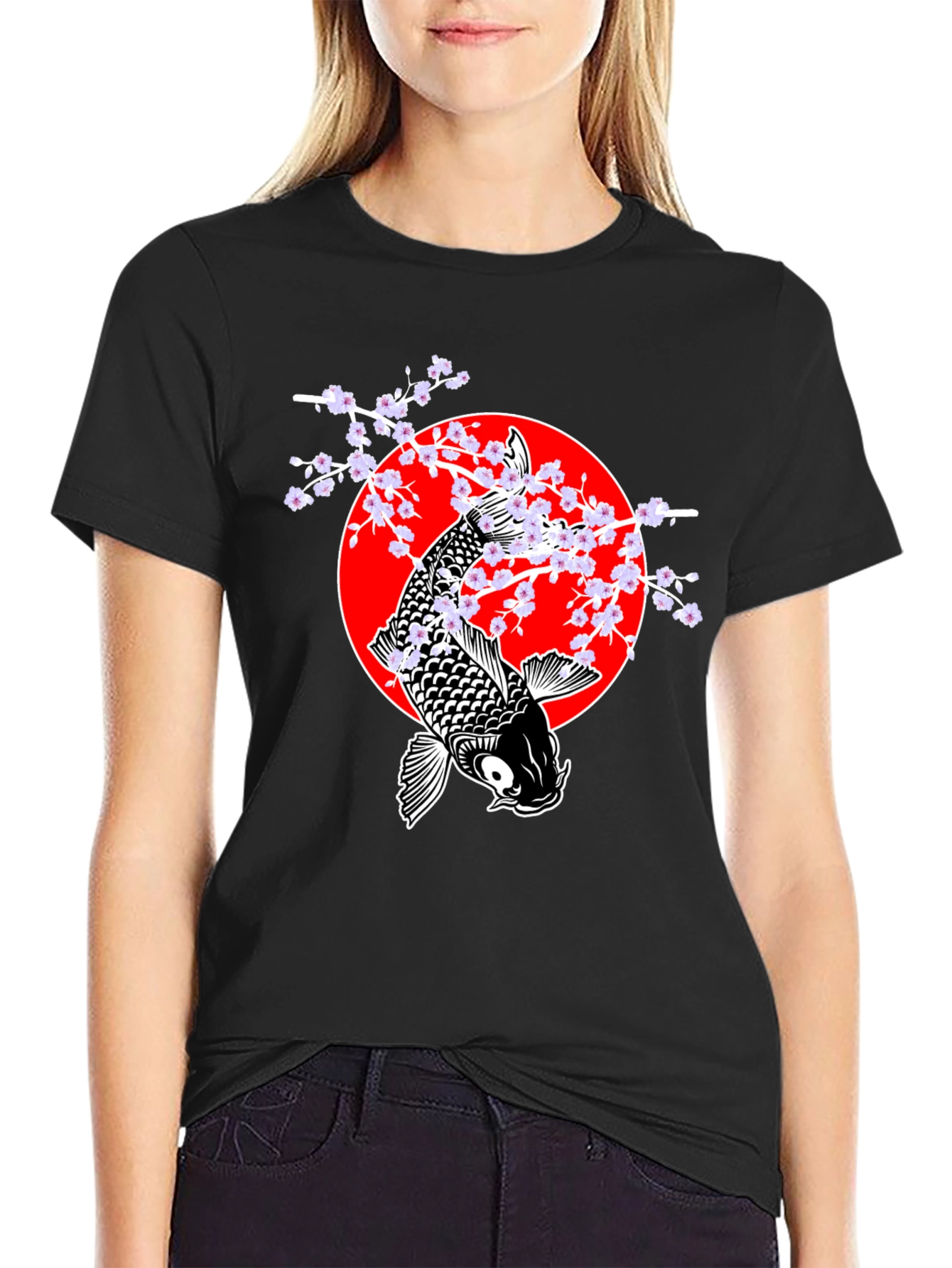 Koi Fish Cherry Blossom Graphic Tee - Black