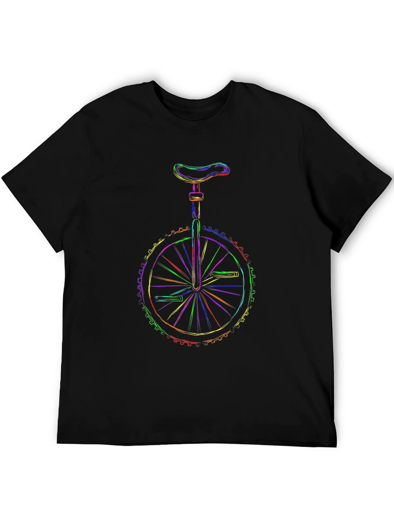 Rainbow Unicycle Graphic Print Black T-Shirt