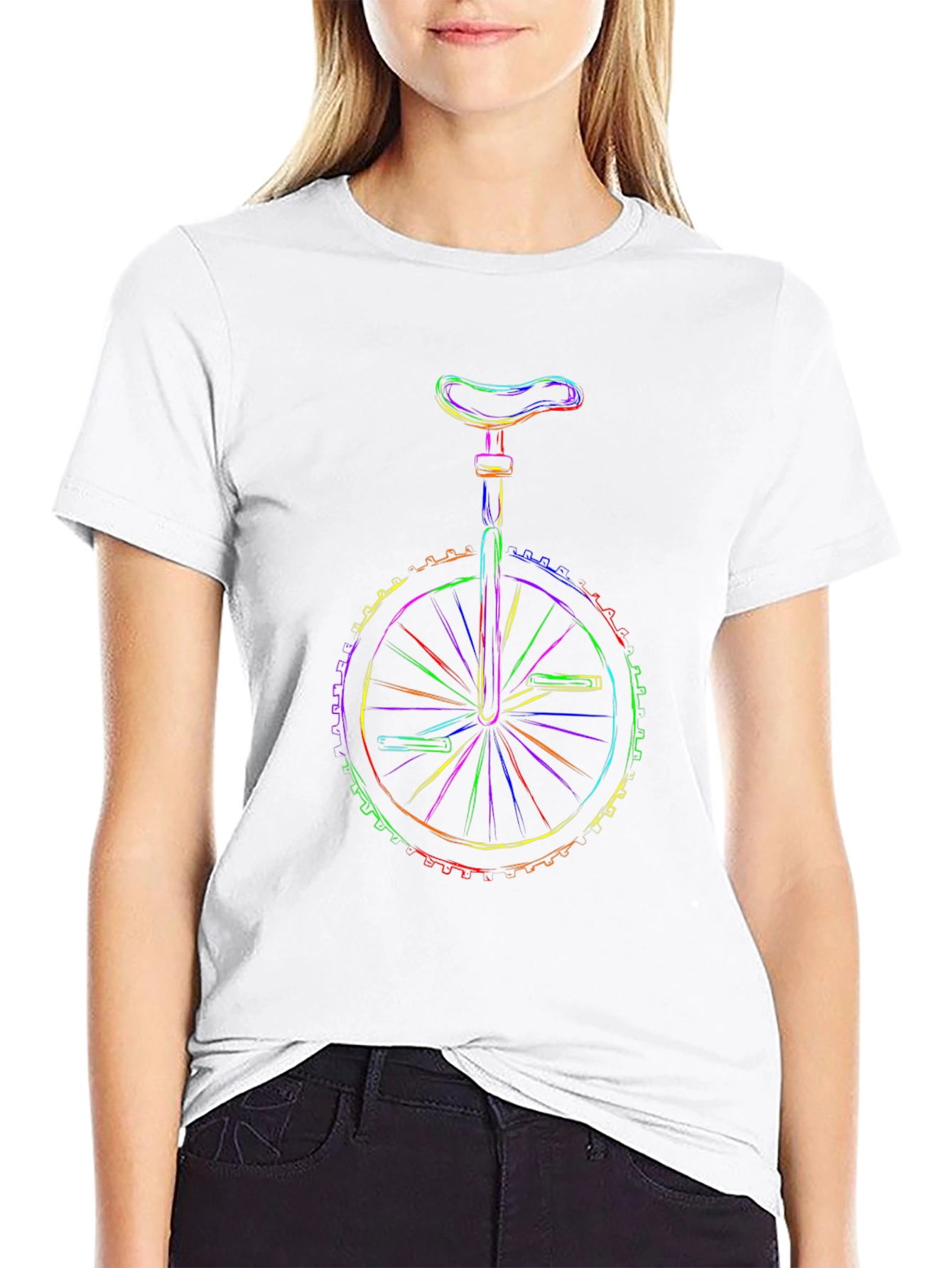 Rainbow Unicycle Graphic Print Black T-Shirt
