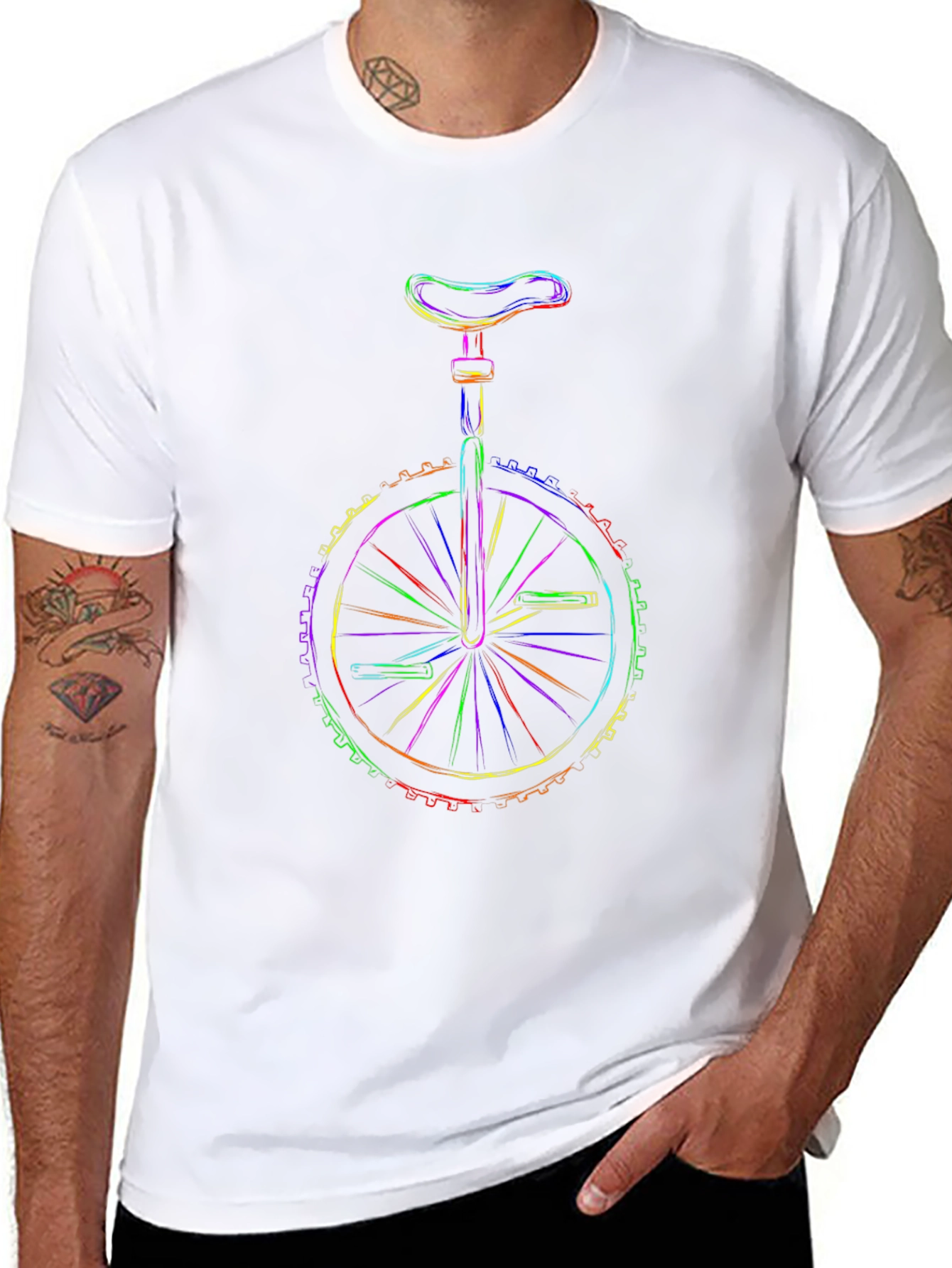 Rainbow Unicycle Graphic Print Black T-Shirt