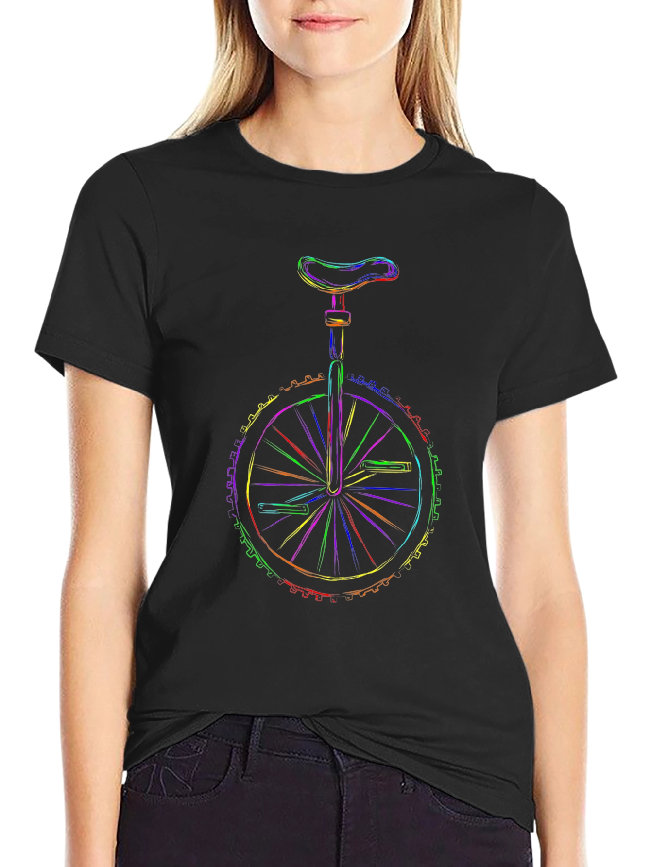 Rainbow Unicycle Graphic Print Black T-Shirt