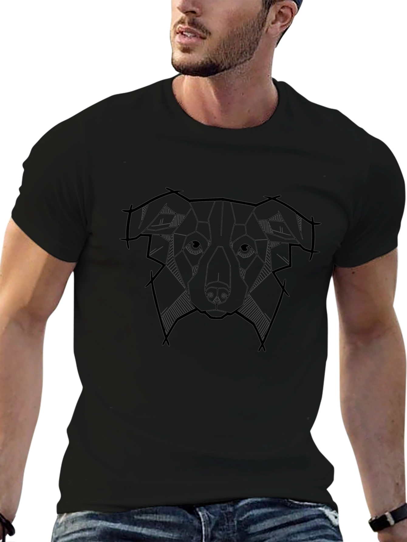 Geometric Dog Head Graphic Black T-Shirt