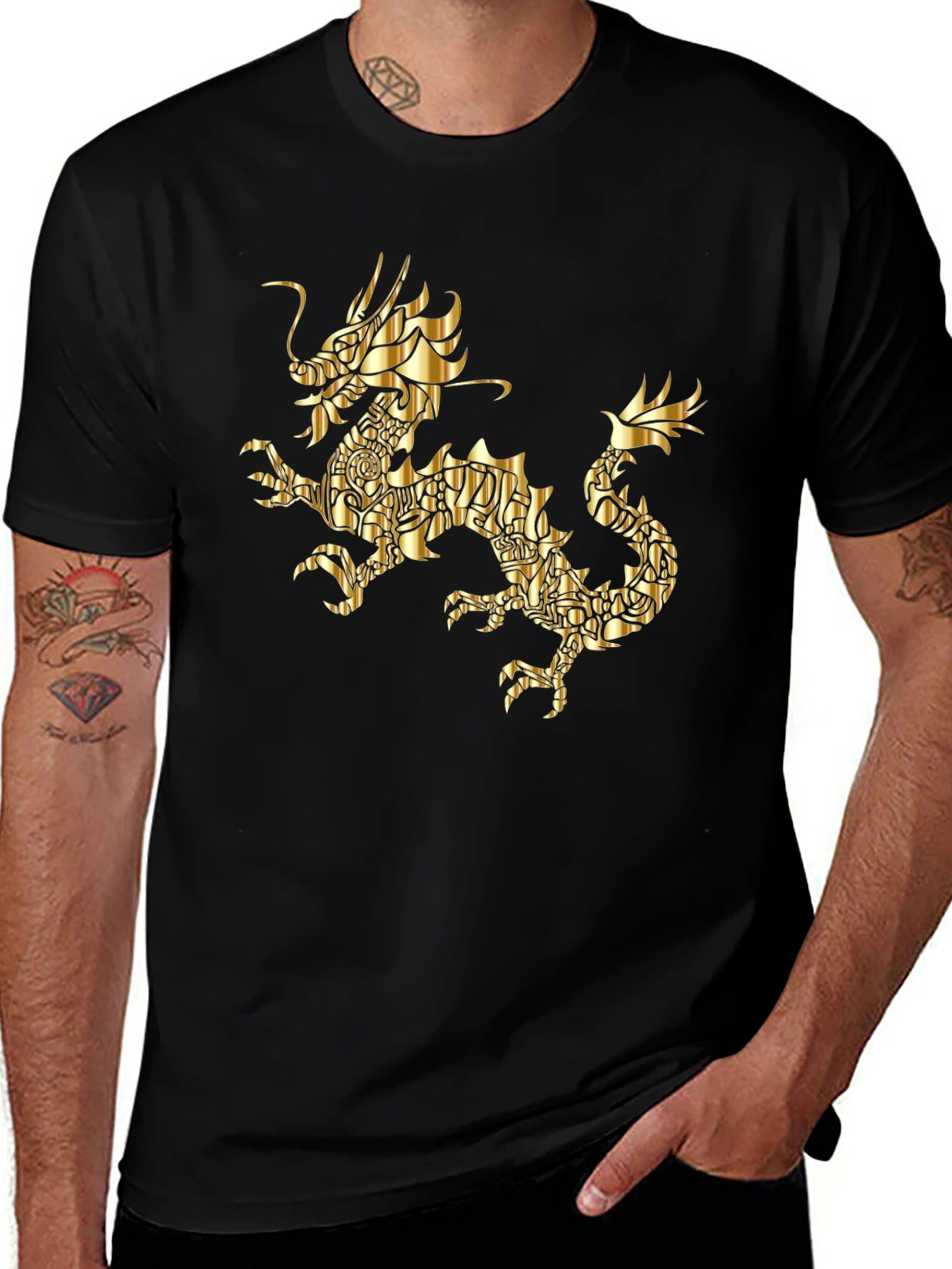 Golden Dragon Graphic Print Black T-Shirt