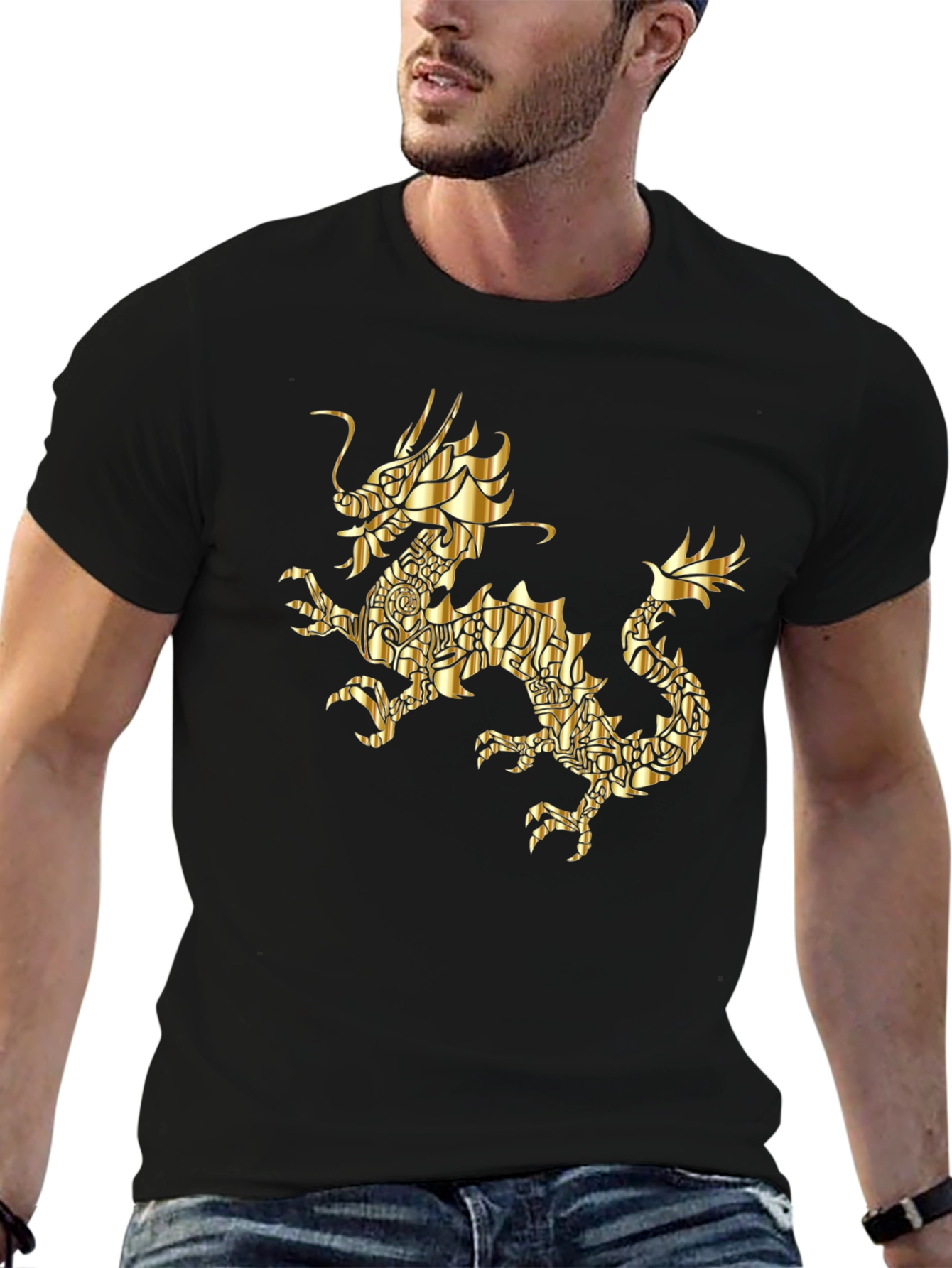 Golden Dragon Graphic Print Black T-Shirt