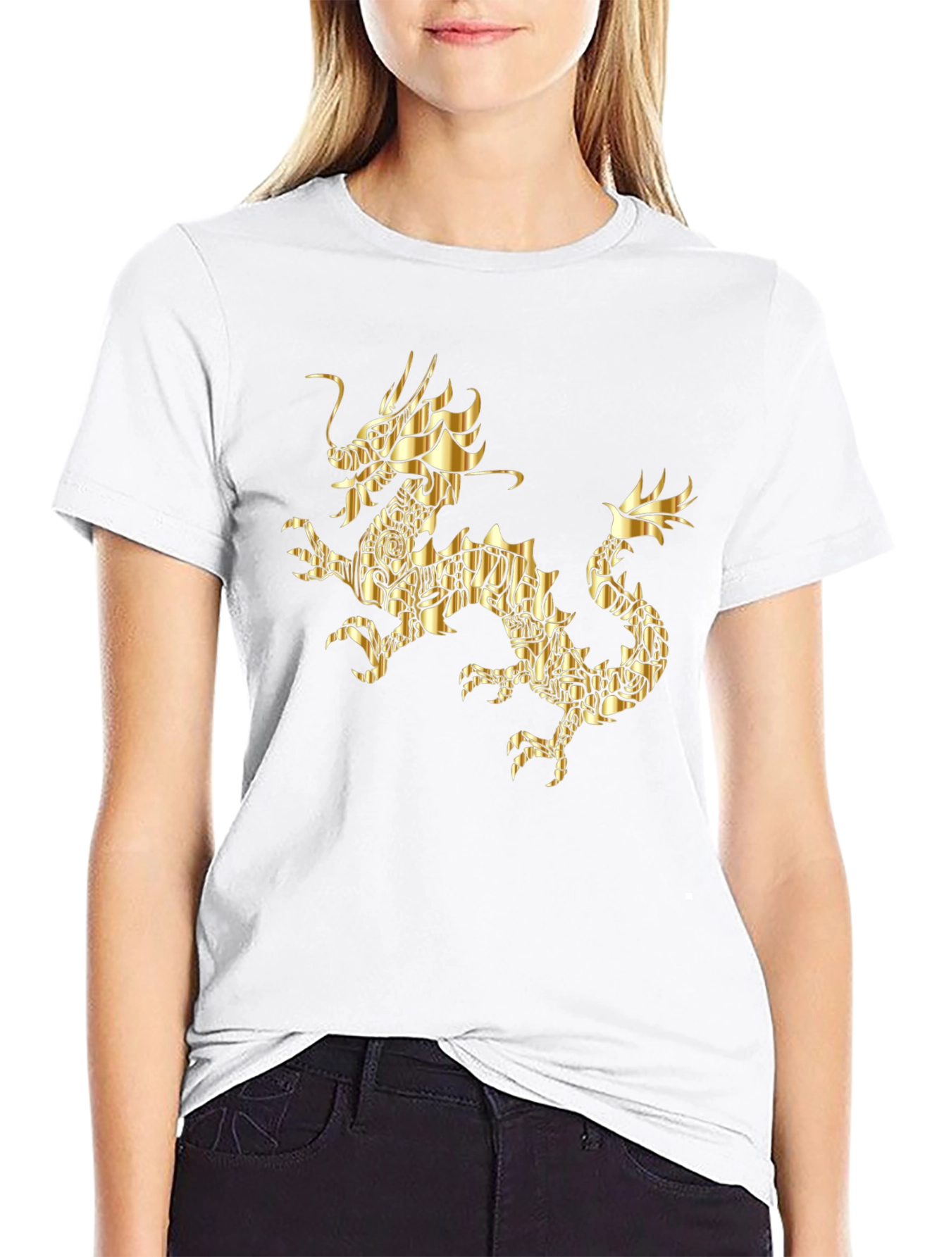 Golden Dragon Graphic Print Black T-Shirt