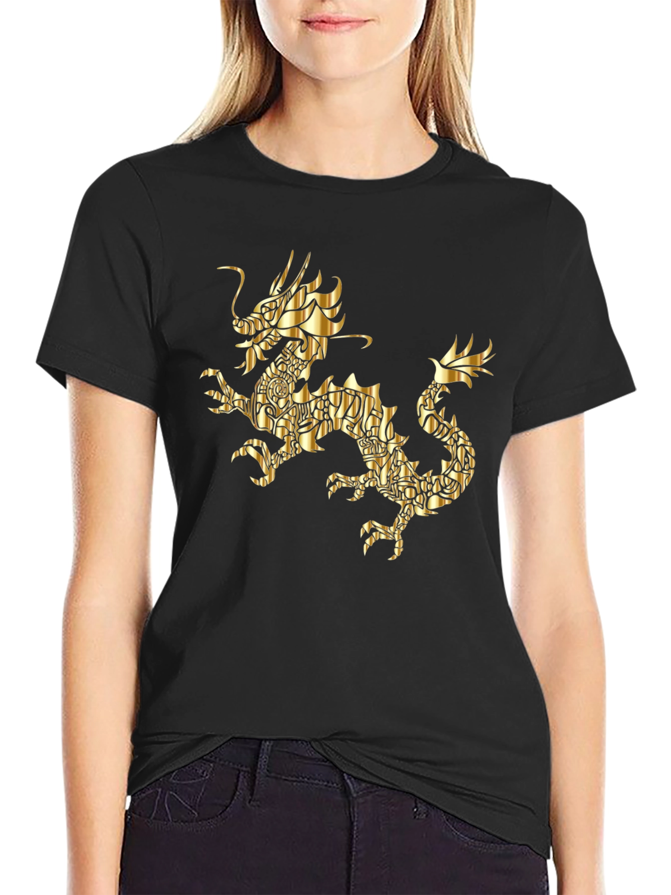 Golden Dragon Graphic Print Black T-Shirt