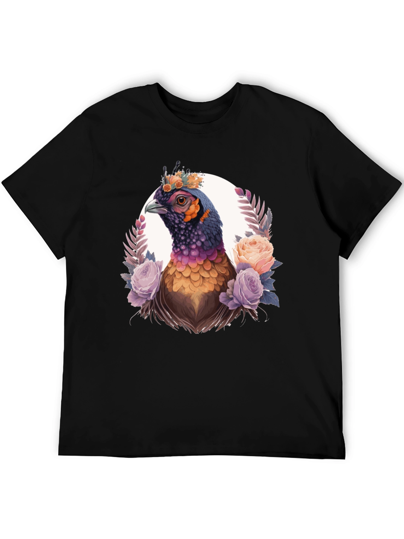 Floral Pheasant Graphic Tee - Black Unisex T-Shirt