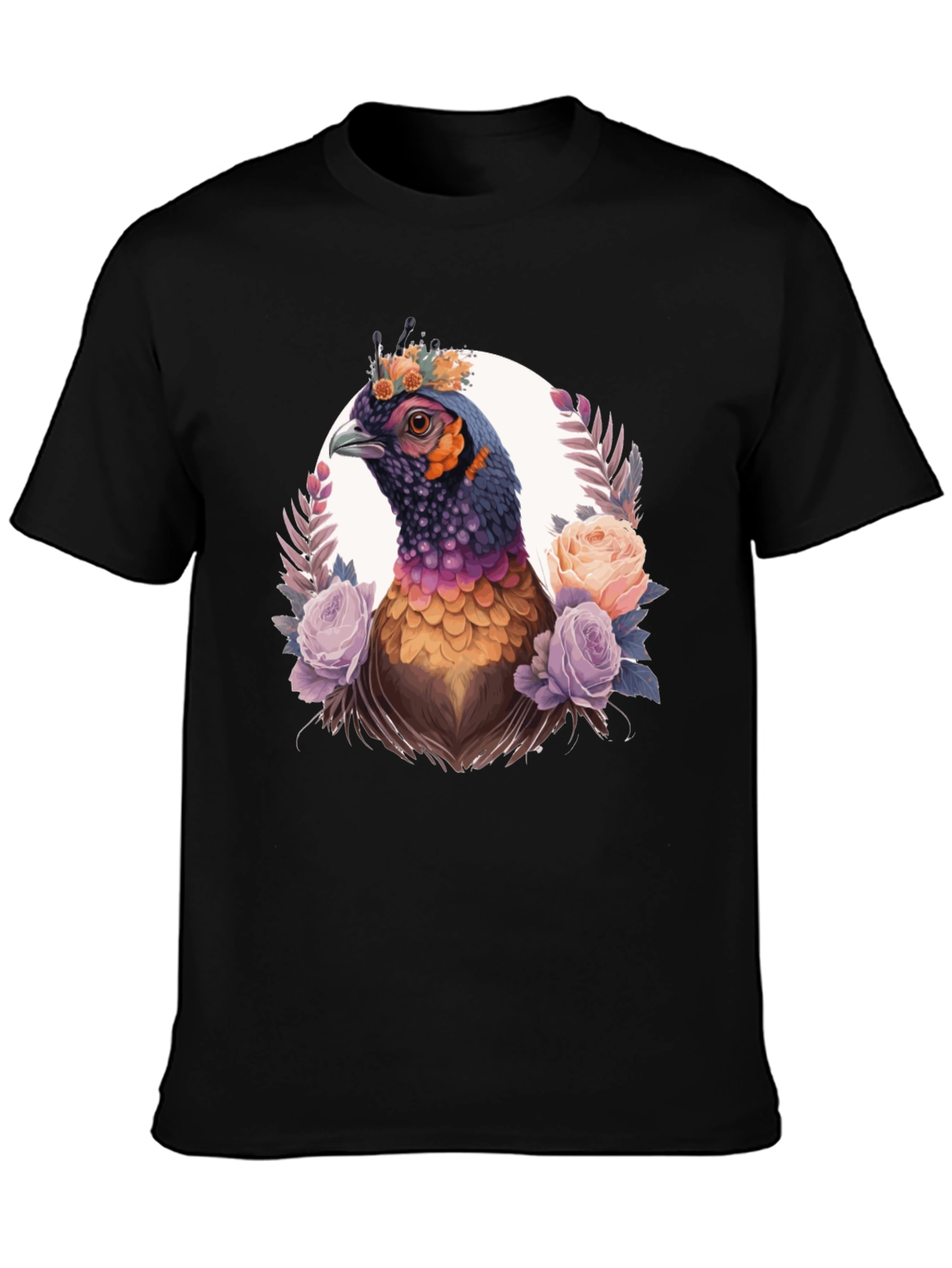 Floral Pheasant Graphic Tee - Black Unisex T-Shirt
