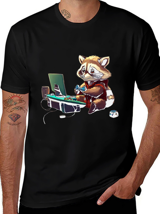 Gamer Raccoon Graphic Tee - Black Casual Shirt