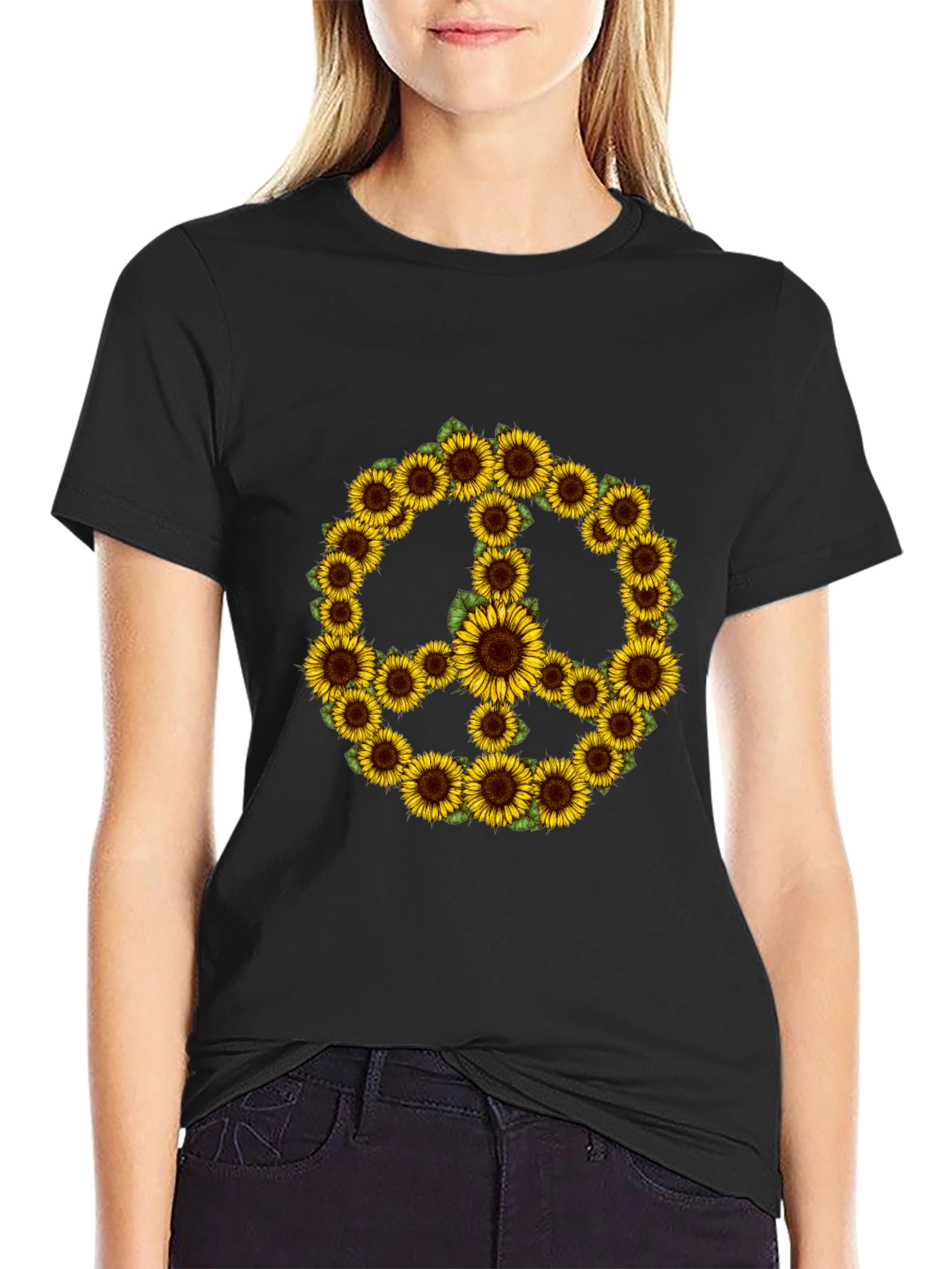 Sunflower Peace Sign Black T-Shirt