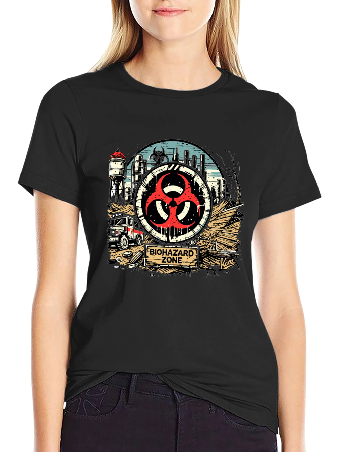 Biohazard Zone Graphic T-Shirt - Distressed Industrial Design