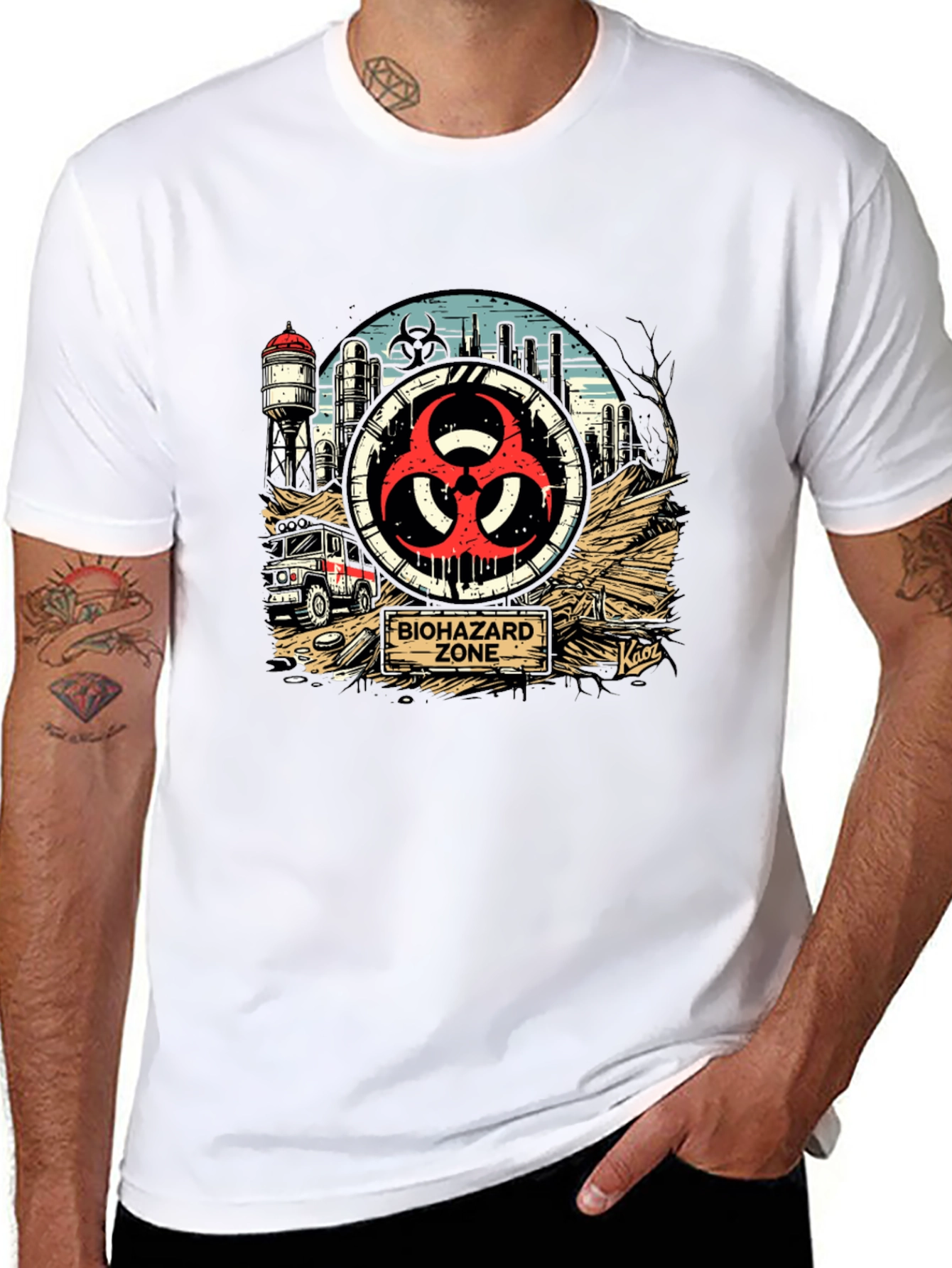 Biohazard Zone Graphic T-Shirt - Distressed Industrial Design
