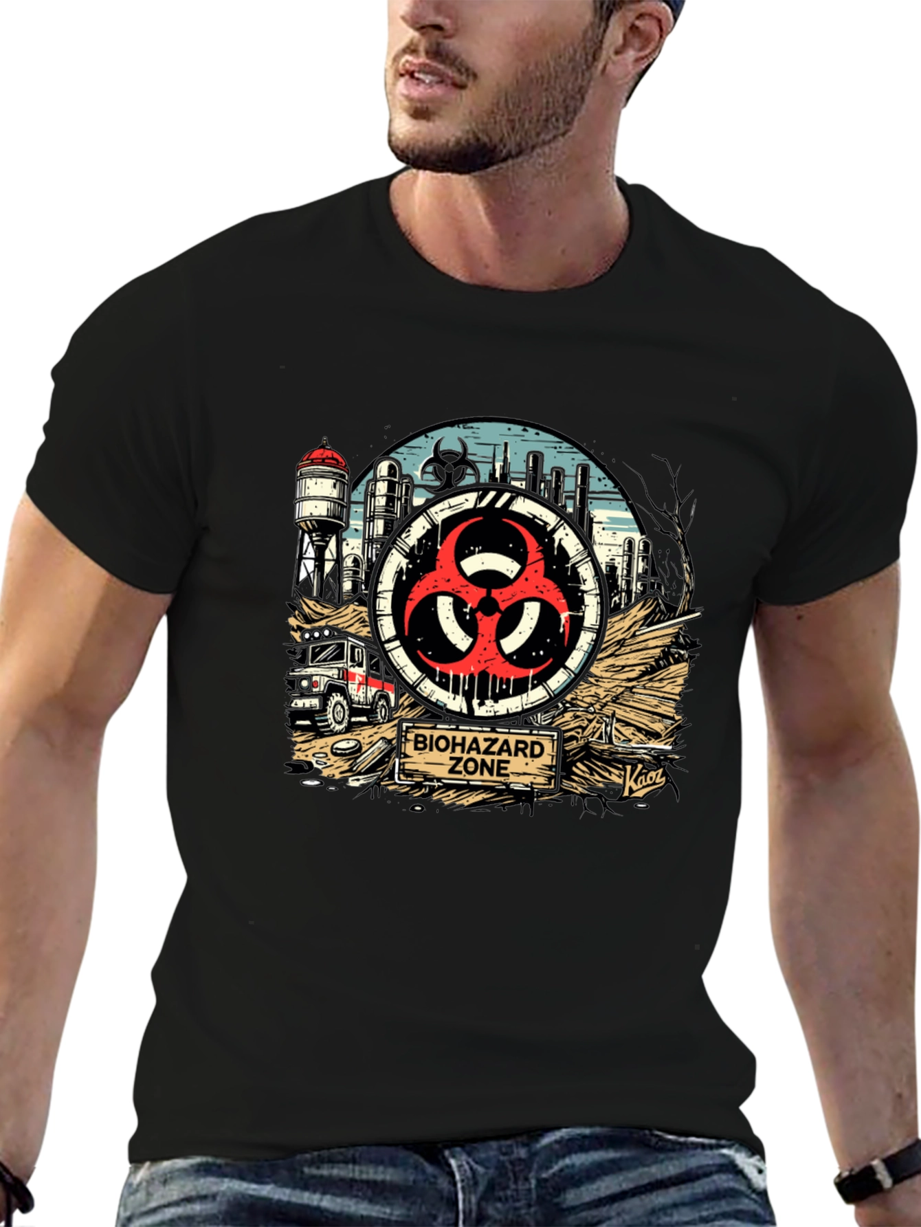 Biohazard Zone Graphic T-Shirt - Distressed Industrial Design