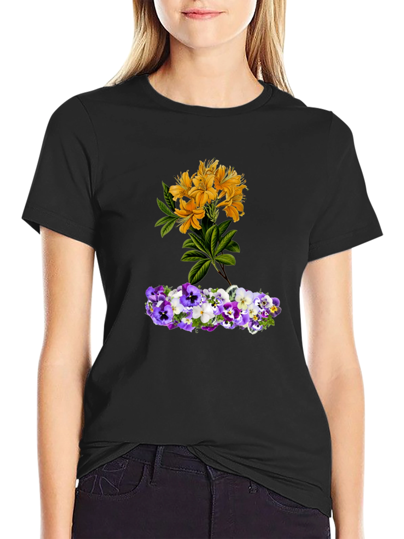 Floral T-Shirt: Yellow Azalea & Pansy Design