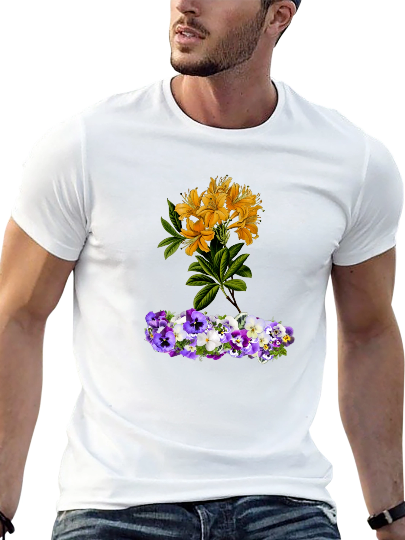 Floral T-Shirt: Yellow Azalea & Pansy Design