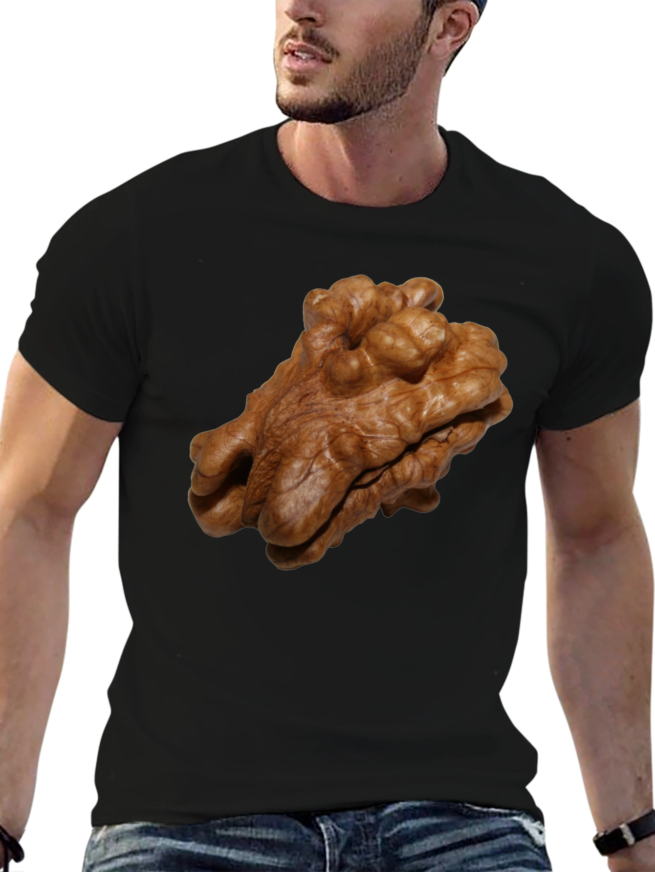 Walnut Print Black T-Shirt - Unique Nut Design