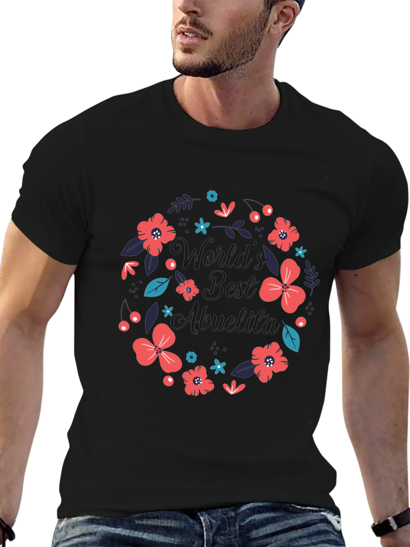 Worlds Best Abuelita Floral Wreath Black T-Shirt