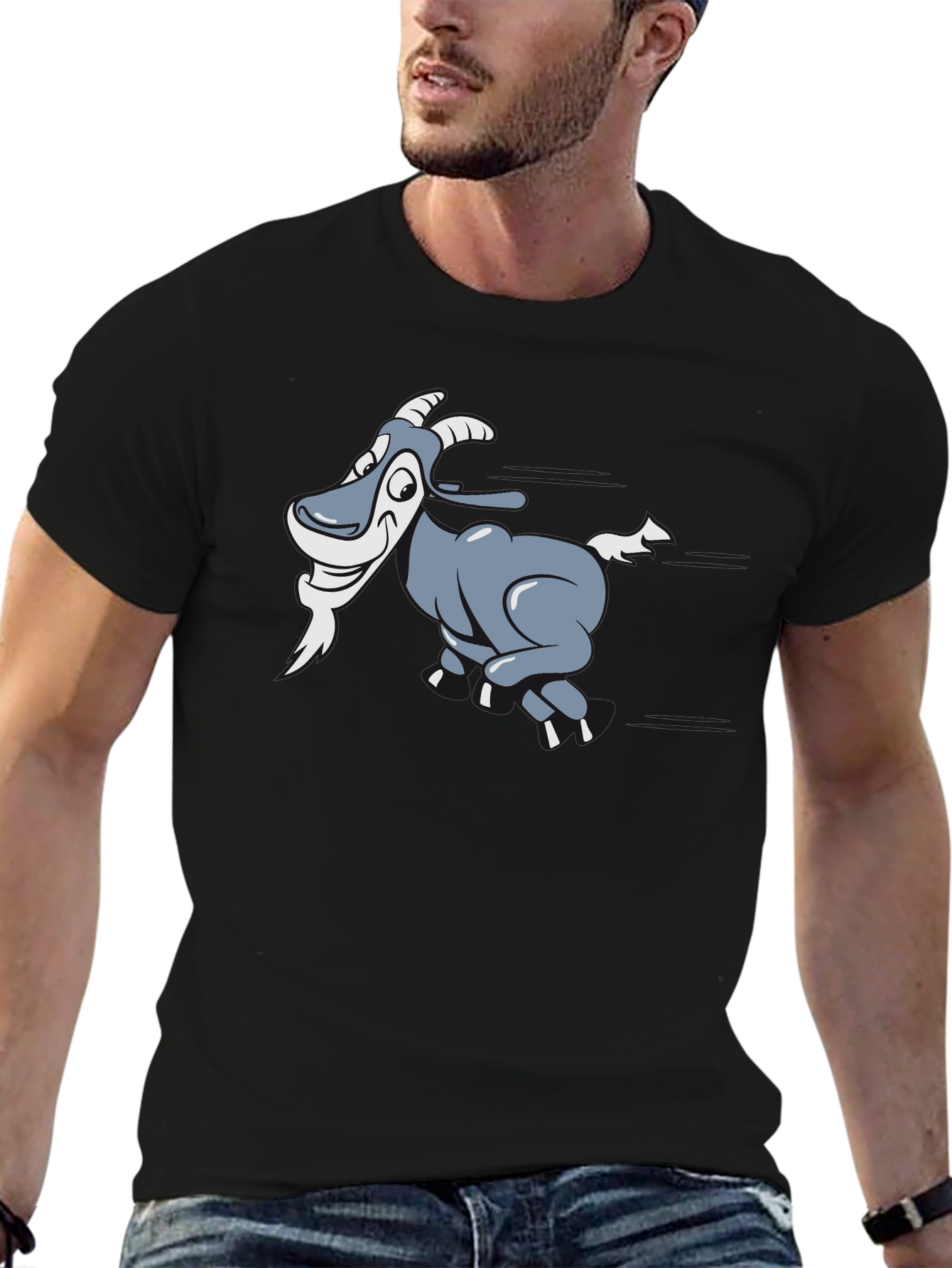 Cartoon Goat Graphic T-Shirt - Black Cotton Tee