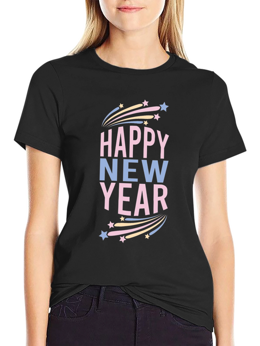 Happy New Year Graphic Print Black T-Shirt