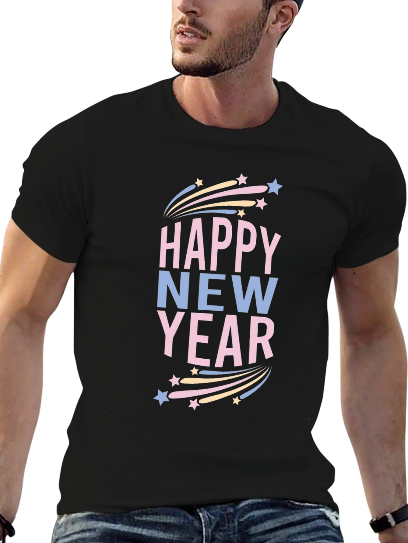 Happy New Year Graphic Print Black T-Shirt