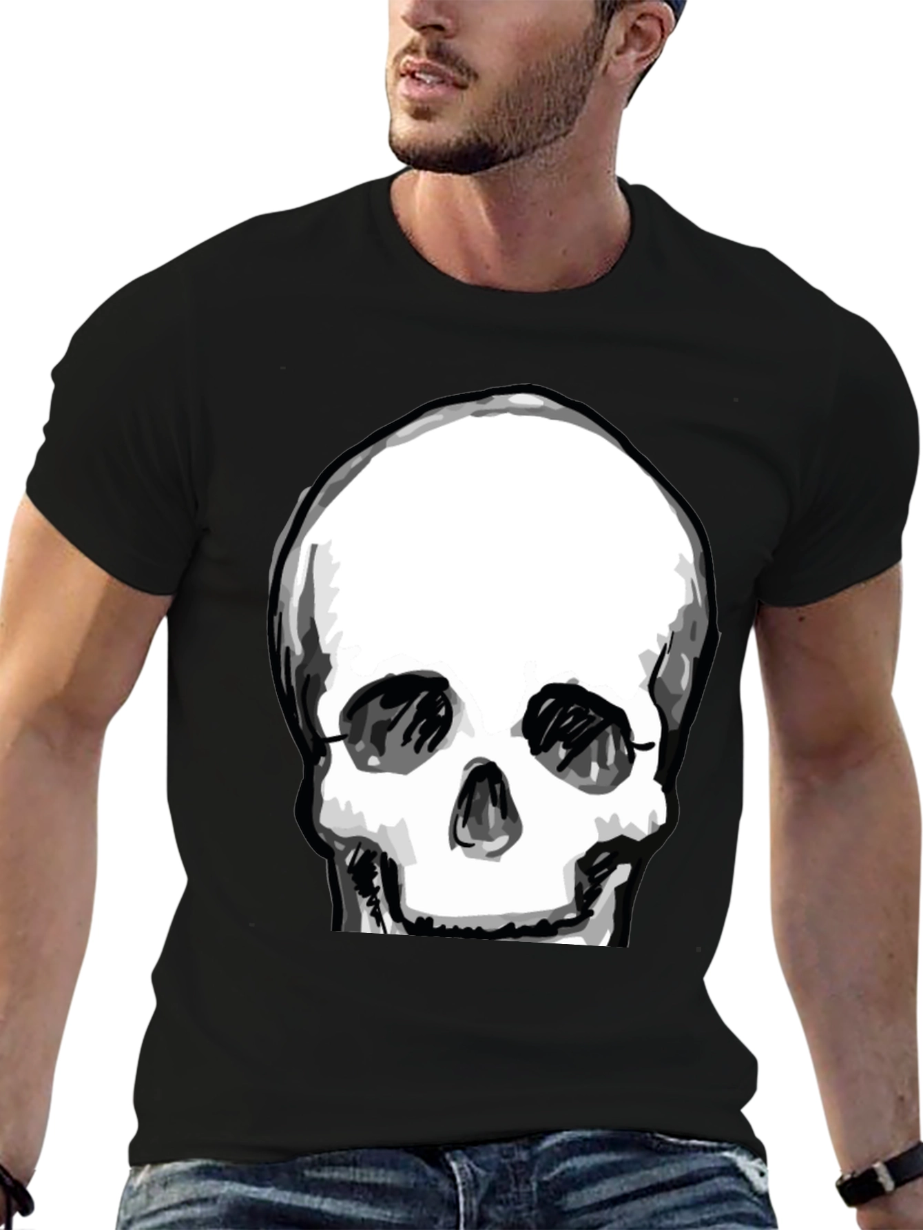 Skull Graphic Tee - Black Crew Neck Cotton T-Shirt