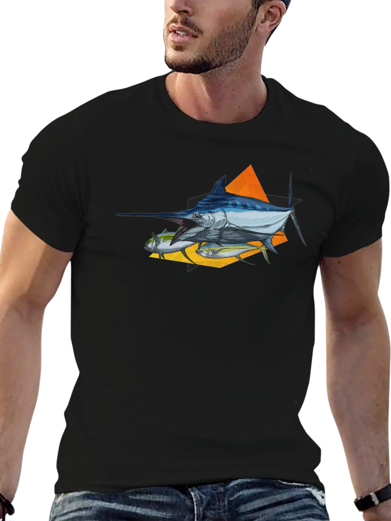 Marlin Fish Graphic T-Shirt - Black Crew Neck Tee