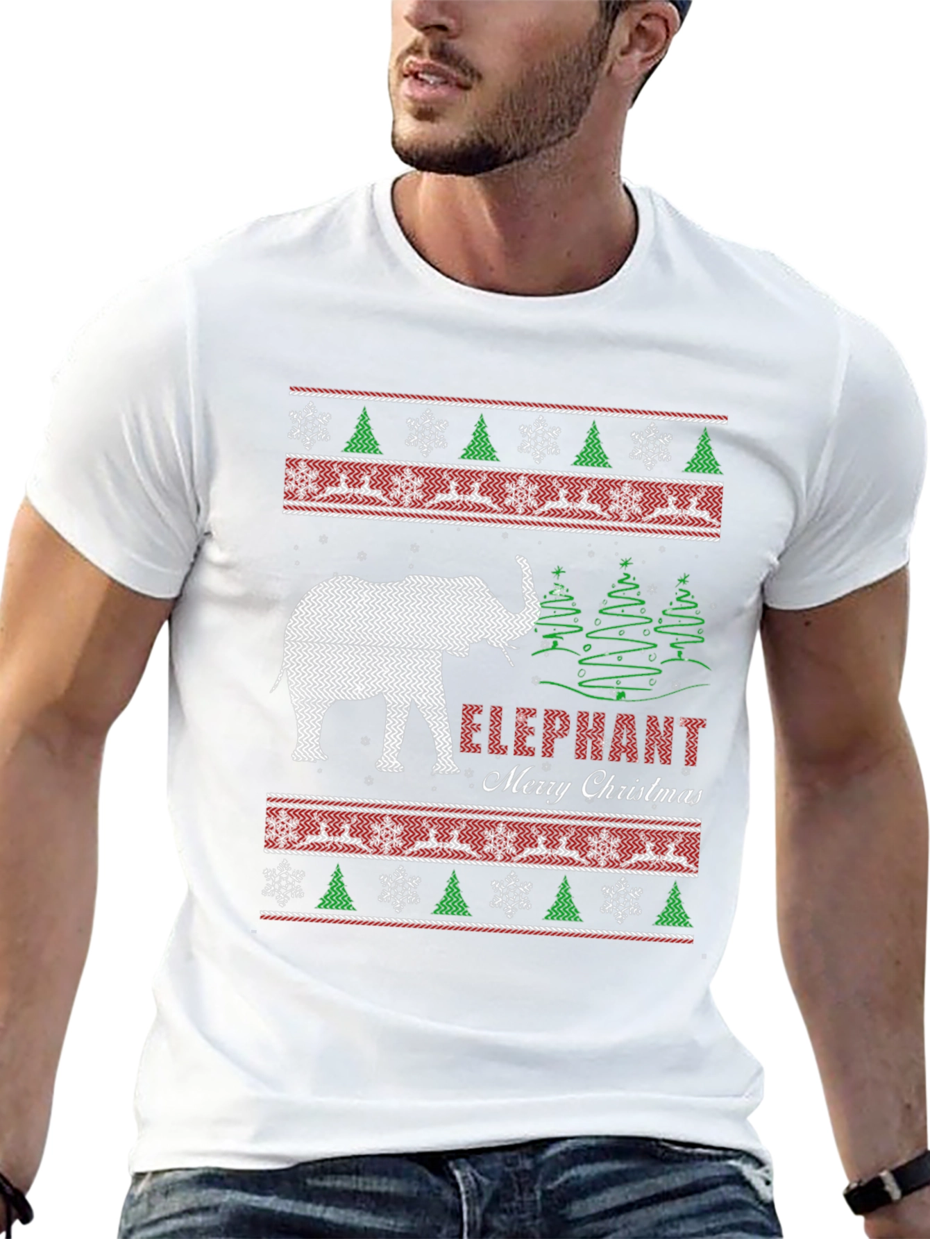 Elephant Merry Christmas Holiday Knit Pattern T-Shirt