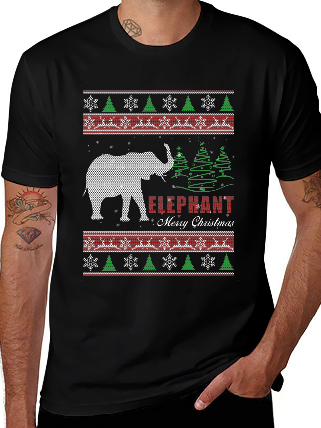 Elephant Merry Christmas Holiday Knit Pattern T-Shirt