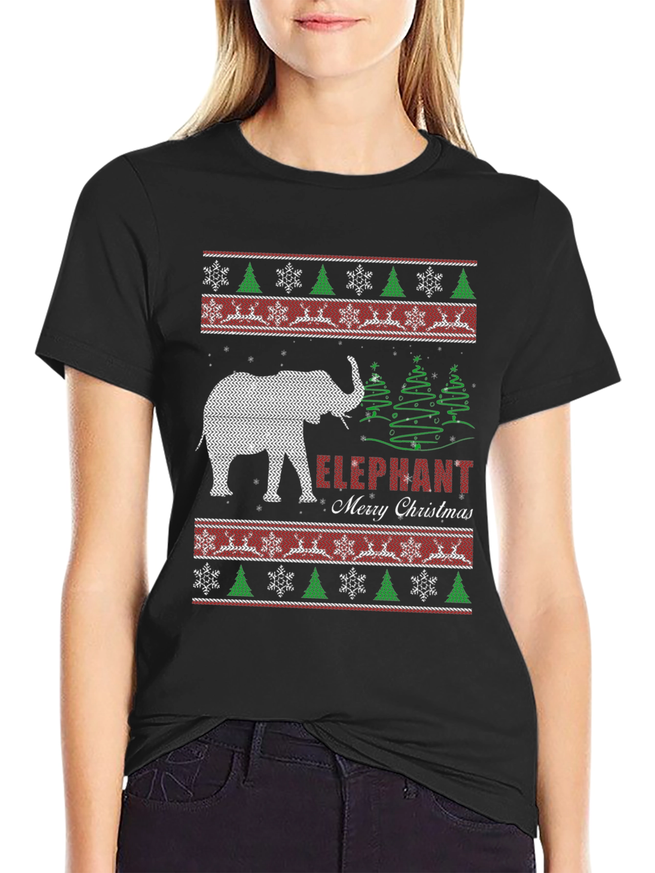 Elephant Merry Christmas Holiday Knit Pattern T-Shirt
